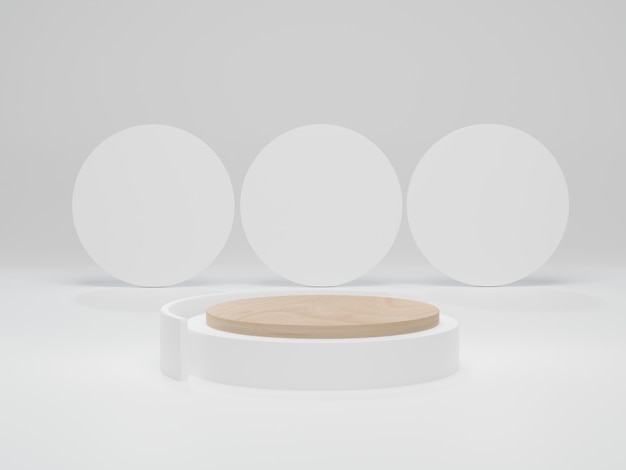 Podio de madera sobre fondo blanco. Mock up para mostrar la exhibición de productos cosméticos. Escena mínima abstracta con formas geométricas. Render 3d