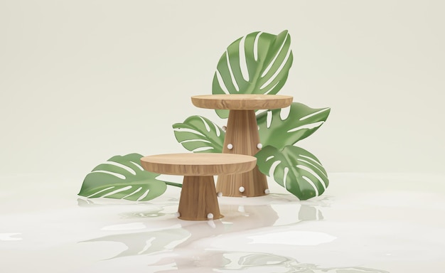 podio de madera sobre fondo verde con hojas de palma y superficie de agua. producto cosmético