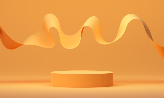 Podio de maqueta 3d con cinta naranja voladora sobre fondo naranja. Plataforma moderna abstracta para presentación de productos o cosméticos. Telón de fondo contemporáneo con estilo. Render de escena con formas geométricas.