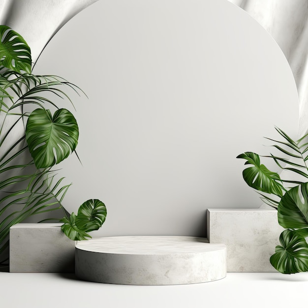 Podio de maqueta 3D con hojas verdes y piedra para exhibición de productos