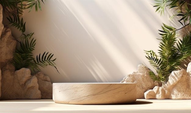 Foto podio de maqueta con fondo de paisaje de piedra, maqueta de luz de escena tropical para exhibición o escaparate de productos
