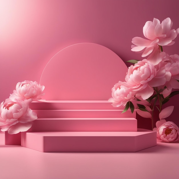 podio de maqueta moderno con escena rosa con flores y sombra de luz solar fondo de alta calidad