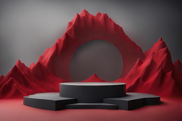 podio de maqueta con montaña de volcán rojo