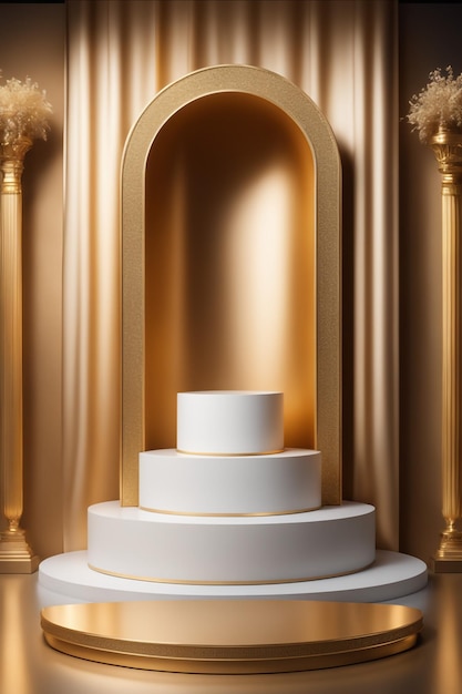 podio de maqueta con tela de seda de color dorado colocado sobre un fondo de elegancia de pedestal premium de lujo