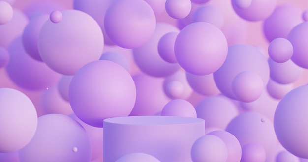 Podio de maquetas 3D con esferas de lavanda eléctricas. Brillante plataforma moderna abstracta contemporánea para presentación de productos o cosméticos. Render de escena con bolas voladoras.