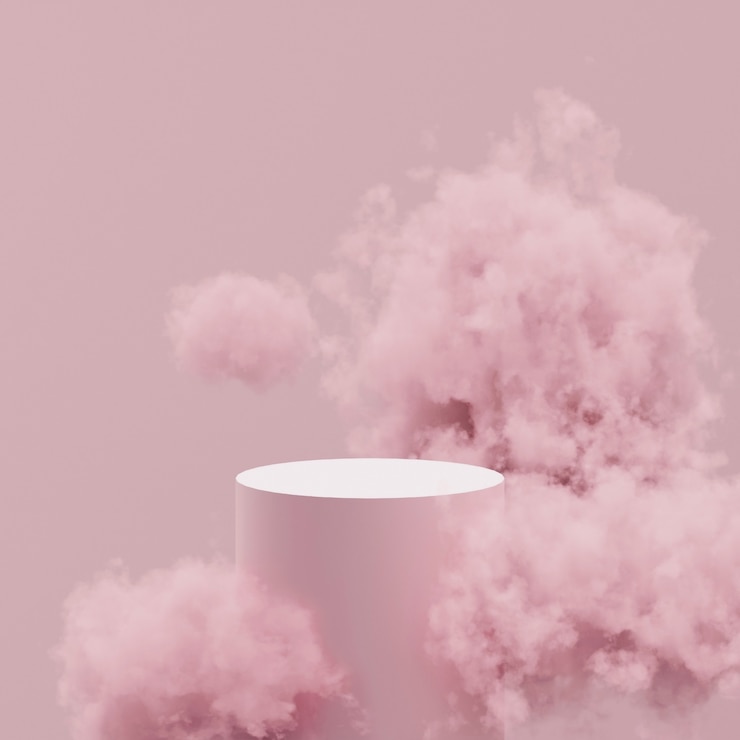 Foto podio de maquetas 3d en nubes rosadas sobre un fondo rosa.