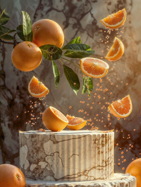 Foto un podio de mármol blanco generado para presentar productos rodeado de naranjas