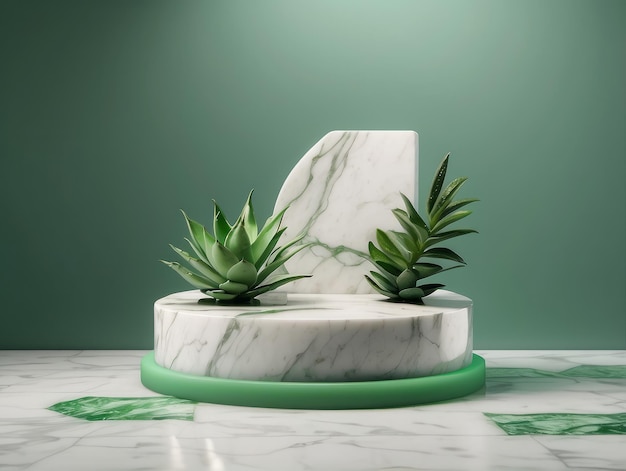 Podio de mármol blanco Stand de productos cosméticos con hojas de aloe vera