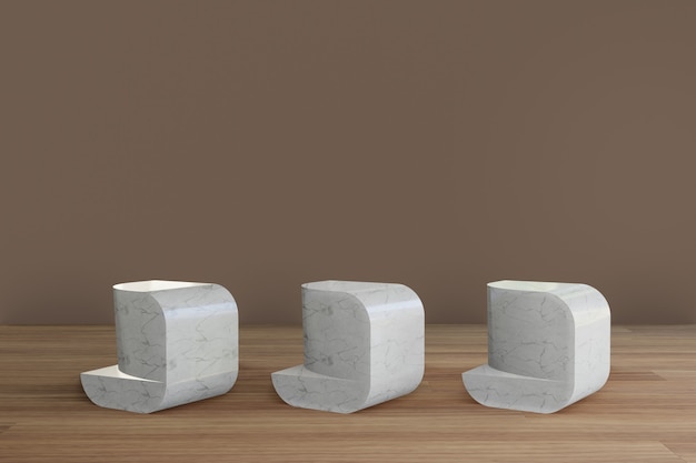 Podio de mármol minimalista geométrico con piso de madera.