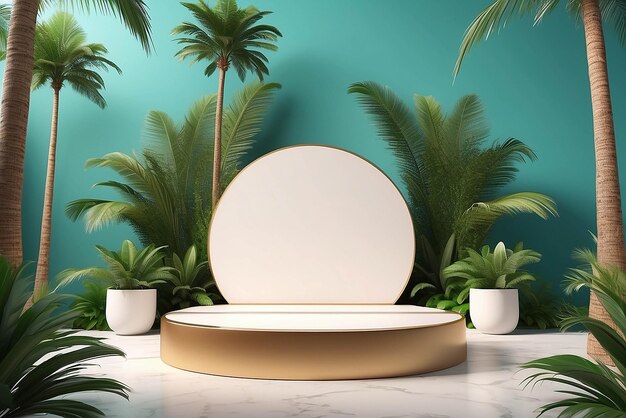 El podio de la mesa está en el fondo de una palmera tropical para la colocación de productos en 3D.