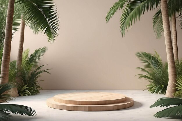 El podio de la mesa está en el fondo de una palmera tropical para la colocación de productos en 3D.