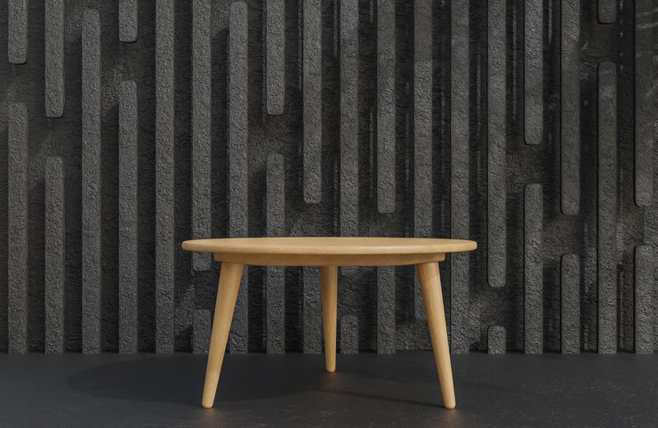 Podio de la mesa de madera para la presentación del producto en el modelo e ilustración 3d del estilo minimalista del fondo de la pared de hormigón negro.