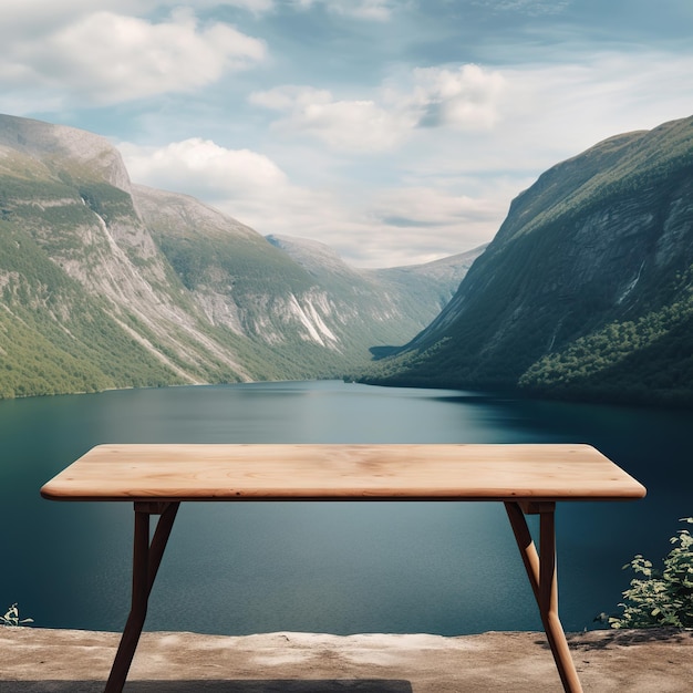 Podio de mesa de madera para productos con el telón de fondo de las montañas Espacio publicitario de pedestal de escenario