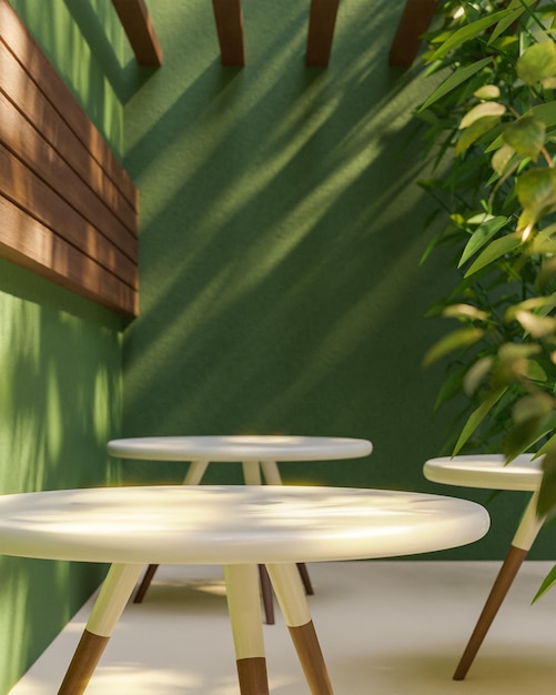 Podio de mesa redonda para la colocación de productos en un acogedor restaurante de fondo verde tropical 3d render