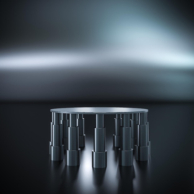 podio metálico hecho de cilindros con plataforma de fibra de carbono renderizado 3d