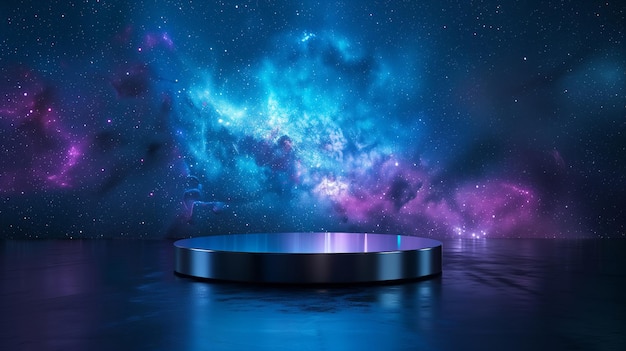 pódio metálico preto vazio em fundo espacial de estrela roxa azul para apresentação de produtos