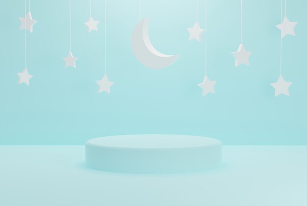 Pódio minimalista de céu azul com estrelas ramadan kareem para eventos, feriados e etc. ilustração 3D