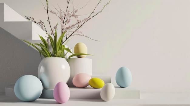 podio minimalista con decoración de Pascua en tono gris y escaleras