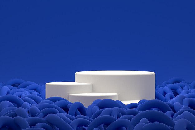 Podio mínimo blanco o pantalla de pedestal sobre fondo azul abstracto para presentación de productos cosméticos