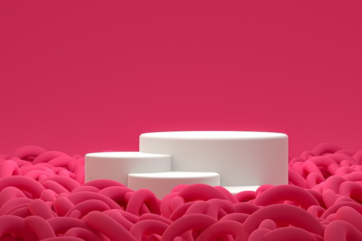 Podio mínimo blanco o pantalla de pedestal sobre fondo rosa abstracto para presentación de productos cosméticos