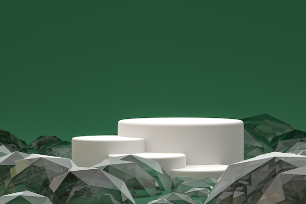 Podio mínimo blanco o pantalla de pedestal sobre fondo verde abstracto para presentación de productos cosméticos