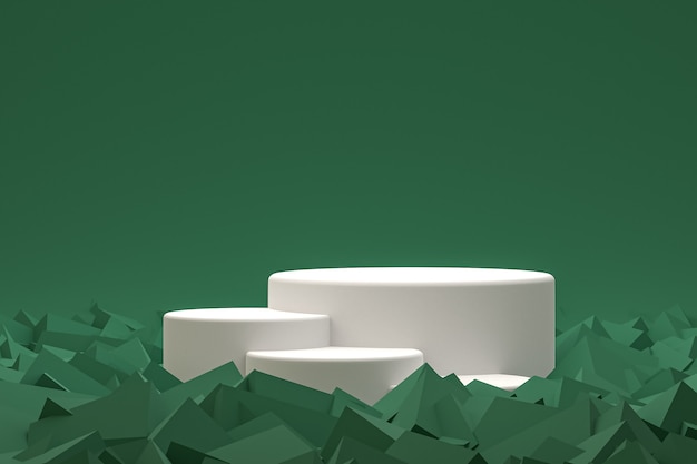 Podio mínimo blanco o pantalla de pedestal sobre fondo verde abstracto para presentación de productos cosméticos