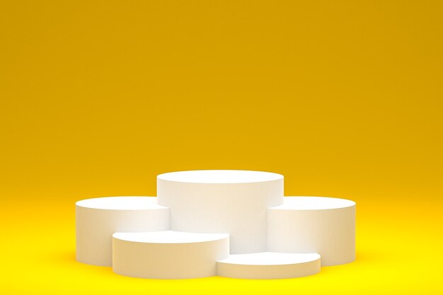 Pódio mínimo branco ou display de pedestal em fundo amarelo abstrato para apresentação de produtos cosméticos