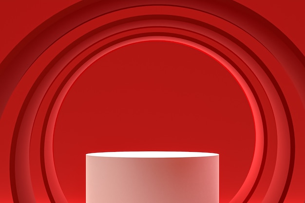 Pódio mínimo branco ou display de pedestal em fundo vermelho abstrato para apresentação de produtos cosméticos
