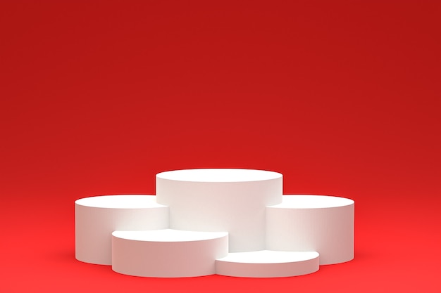 Pódio mínimo branco ou display de pedestal em fundo vermelho abstrato para apresentação de produtos cosméticos