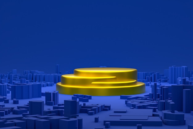 Podio mínimo dorado o exhibición de pedestal en el fondo del mapa de edificios de la ciudad azul Representación 3d para presentación de productos cosméticos