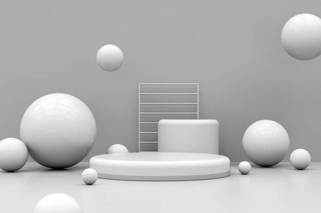 Podio mínimo para presentación de productos rodeado de esferas de renderizado 3d