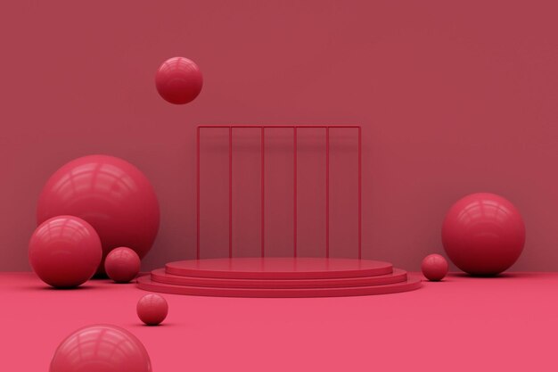 Podio mínimo para presentación de productos rodeado de esferas de renderizado 3d