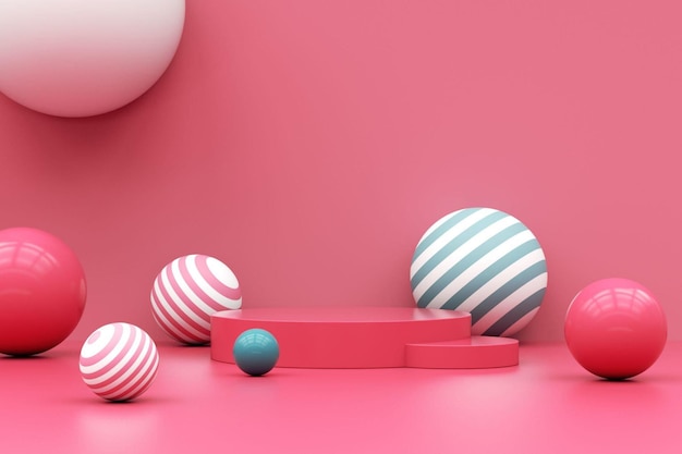 Podio mínimo para presentación de productos rodeado de esferas de renderizado 3d