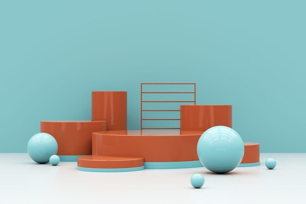 Podio mínimo para presentación de productos rodeado de esferas de renderizado 3d