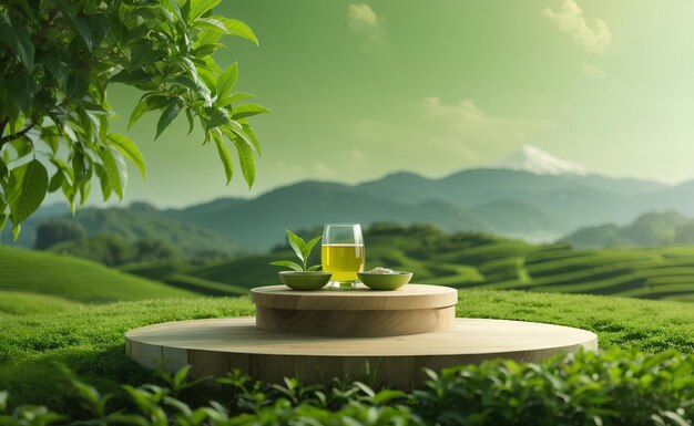 Un podio moderno con fondo de campo de té verde