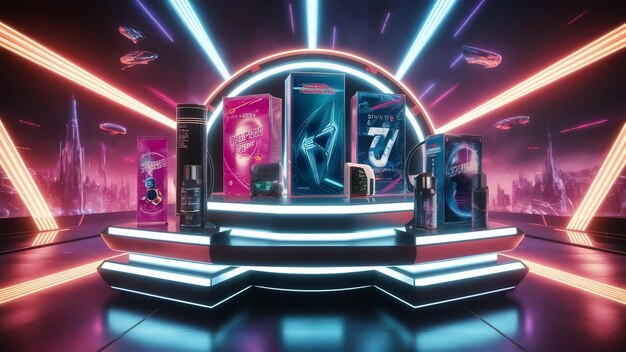 El podio muestra productos lugar para el producto luces de neón de color estilo retro ciencia ficción renderización 3D