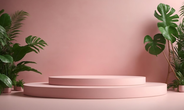 Pódio na composição abstrata da sala rosa suave para apresentação do produto com selva de árvores