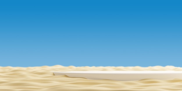 Pódio na exibição de produtos de praia de areia Renderização 3D mínima de verão