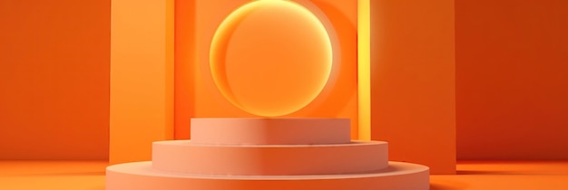 Un podio naranja sobre un escenario de fondo brillante para la promoción de la composición de representación 3d de la marca Generar IA