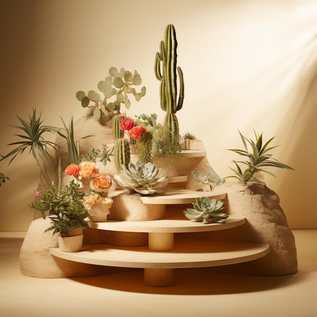 Podio natural realista con cactus