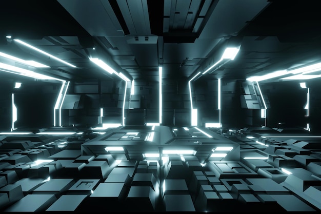 Podio en nave espacial o estación espacial interior Escenario de túnel Sci Fi para presentación de productos 3D Render