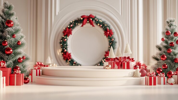 Un podio de Navidad bellamente decorado adornado con regalos y vegetación festiva