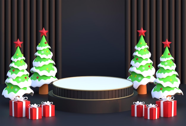 Podio de Navidad fondo oscuro con caja de regalo y pino ilustración 3D