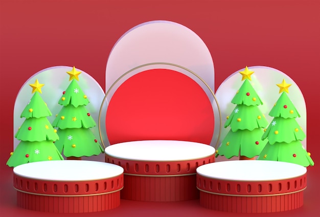 Podio de Navidad fondo rojo con caja de regalo y pino ilustración 3D