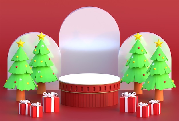 Podio de Navidad fondo rojo con caja de regalo y pino ilustración 3D