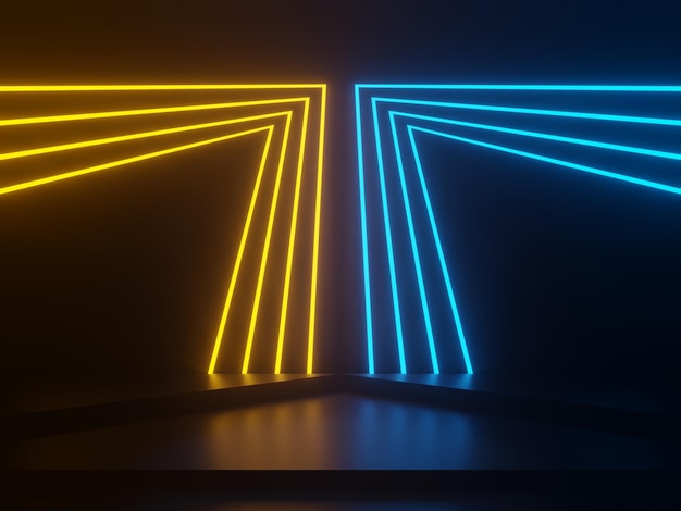 Podio negro 3D con luces de neón azules y amarillas