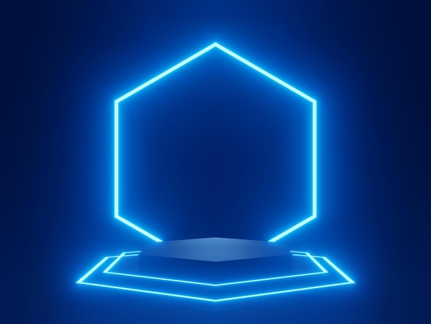 Podio negro 3D con luces de neón azules