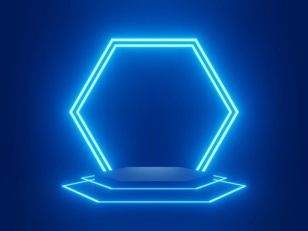 Podio negro 3D con luces de neón azules