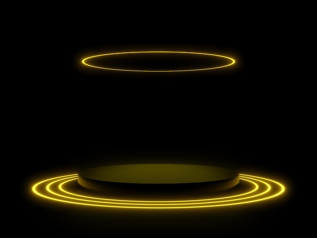 Podio negro 3D con luces de neón de círculos amarillos