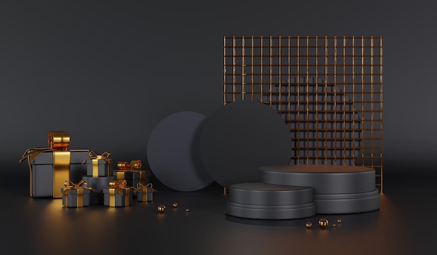 Podio negro y dorado con caja de regalo negra Productos cosméticos geométricos negros Showcase 3d render.